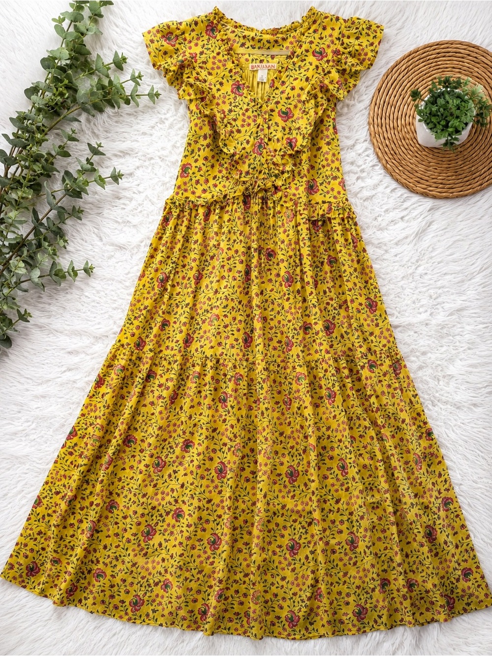 Banjanan Yellow Floral Maxi Dress with Ruffle V-Neck